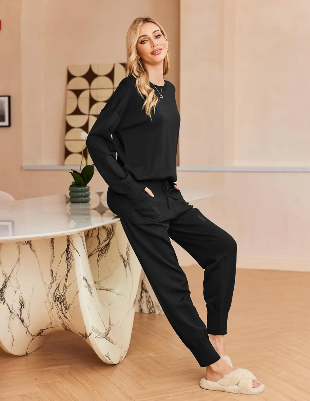 Women's Long Sleeve Knit Loungewear Set Jogger Pants Outfit