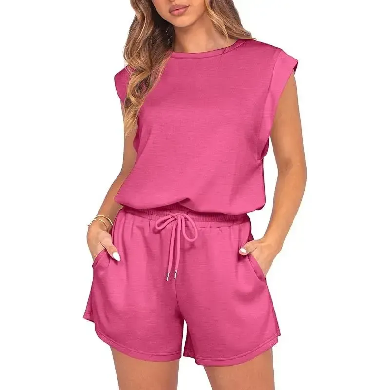 Women 2026 Summer Cap Sleeve Adjustable Drawstring Waistband Cozy Lounge Short Jumpsuit With Pocket