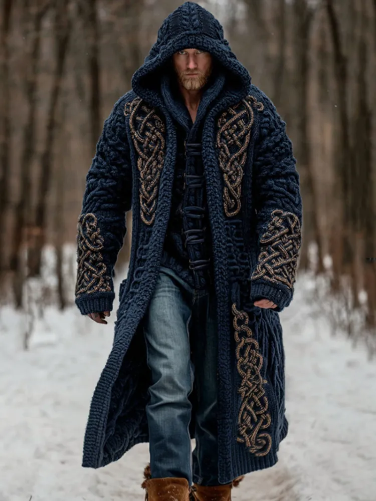 Men's Viking Celtic Knot Art Pocket Mid-length Cardigan Sweater