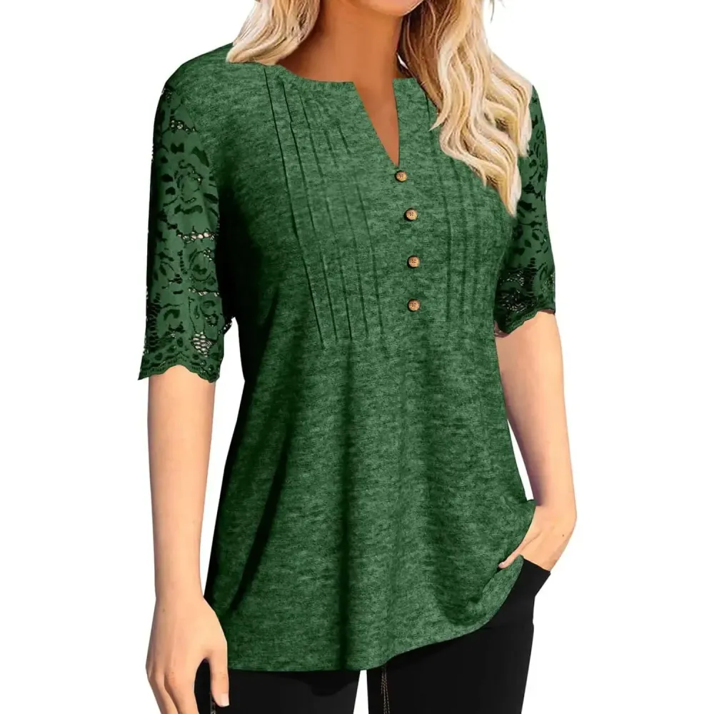 Women's Lace Sleeve Summer T-Shirt V-Neck Botton Up Basic Solid Color Casual Tunic Tops