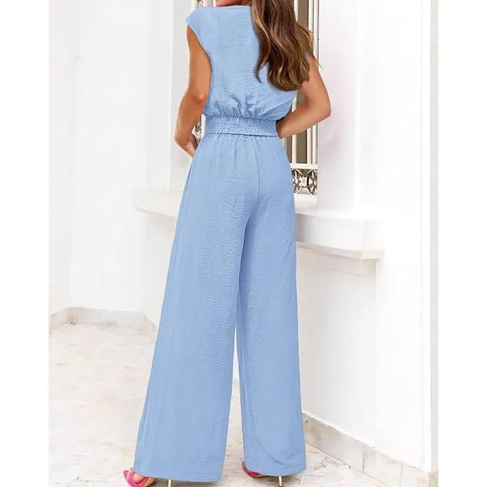 Women's Summer 2 Piece Outfits Cap Sleeve V Neck Belted Crop Tops Wide Leg Pant Sets