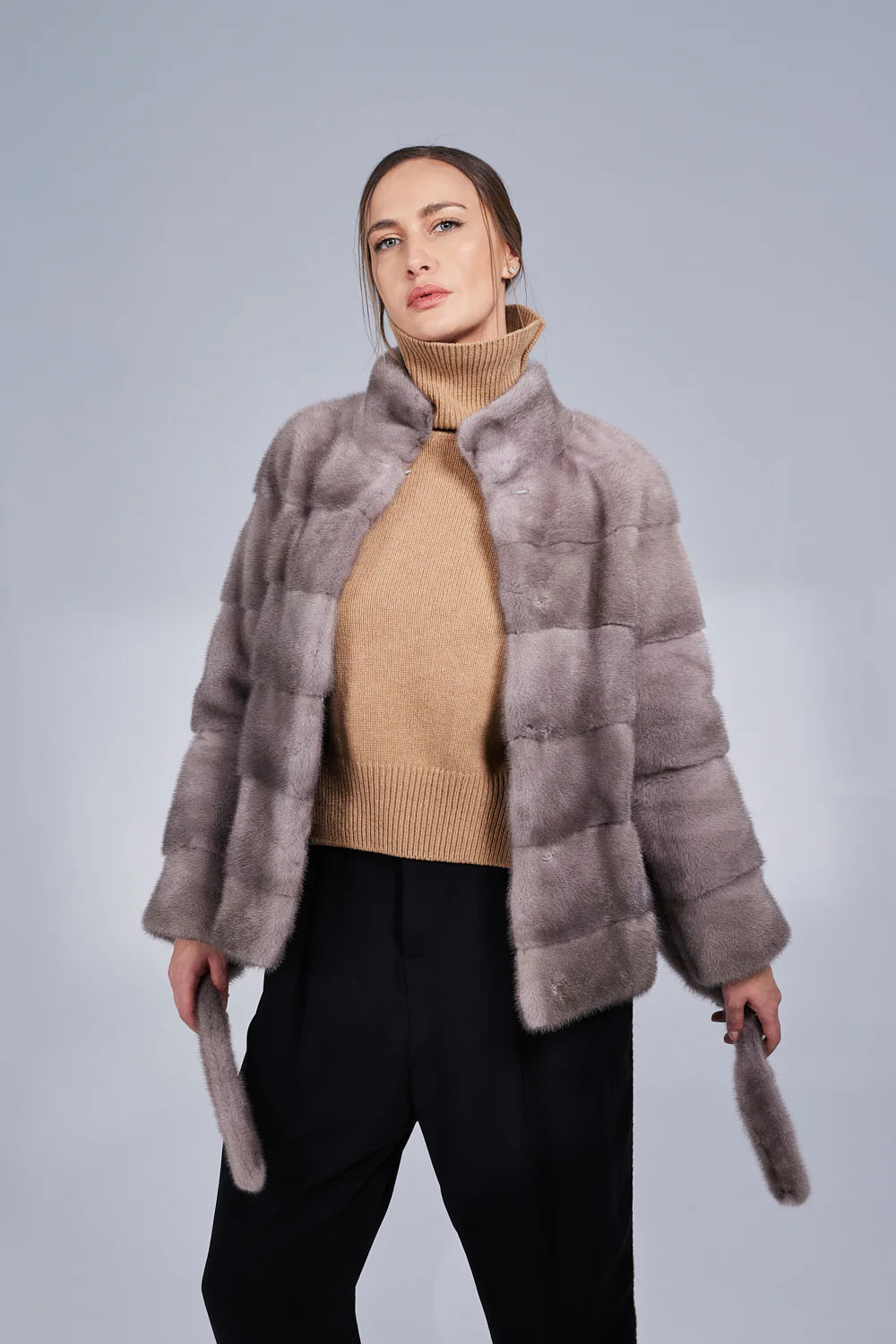 Haină din Blană Naturală de Vizon, cu Cordon, Femei, Silver Blue 194