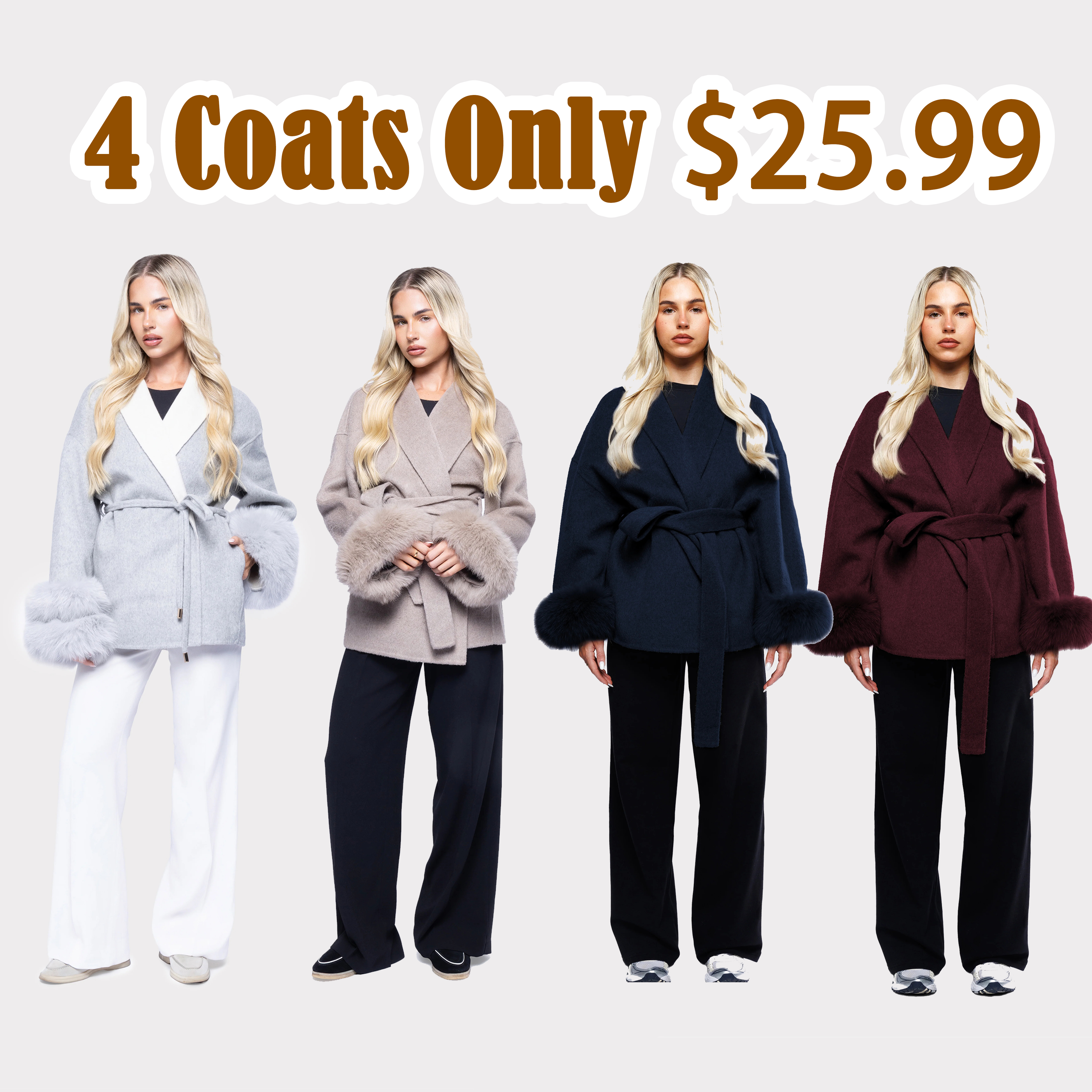 100% Wool - Short Coat - Luxury Detachable fox fur cuffs