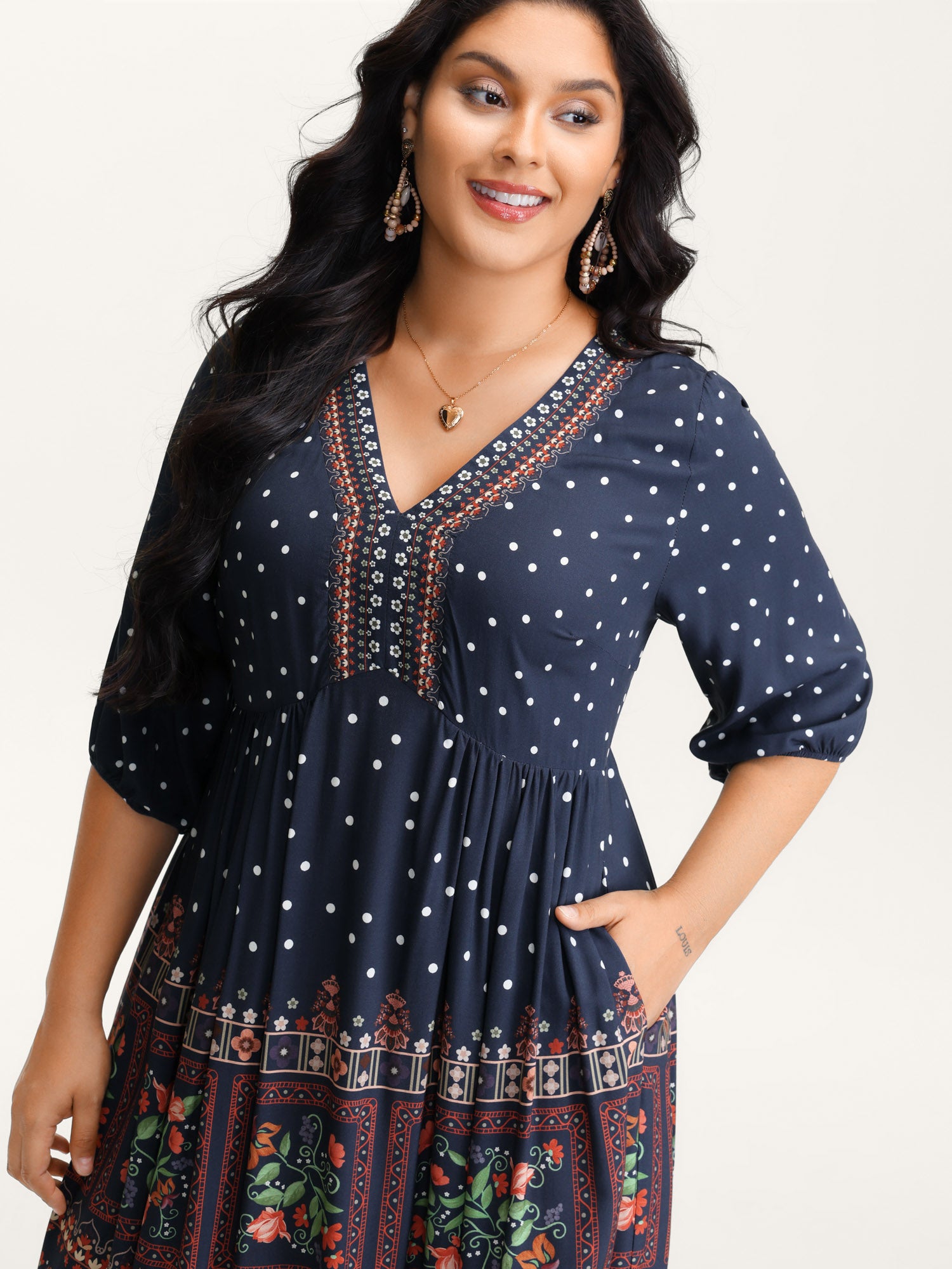 Boho Floral Print Pockets Contrast Maxi Dress