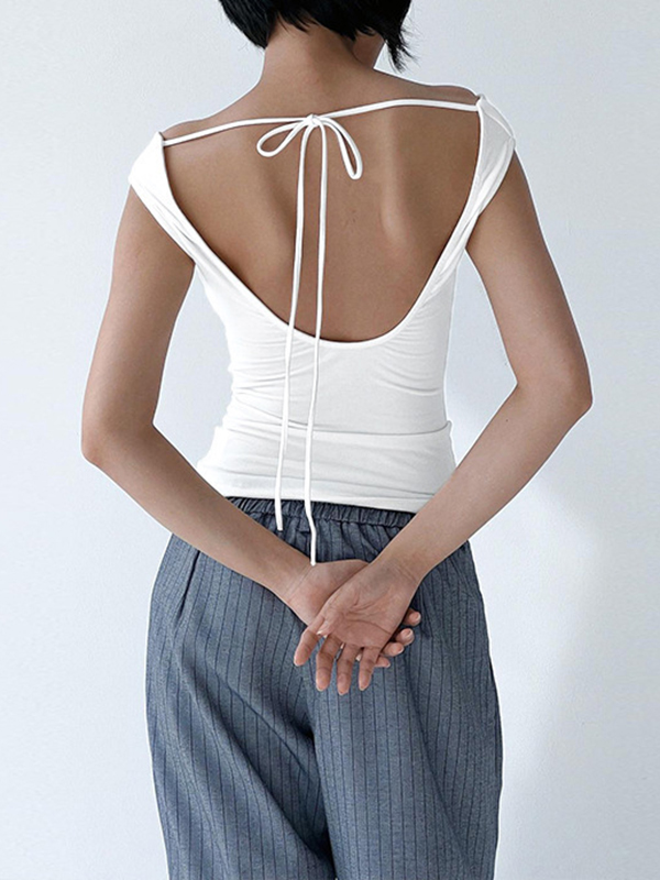 Backless Lace-Up See-Through Solid Color Split-Joint Loose Skinny Off-The-Shoulder T-Shirts Tops
