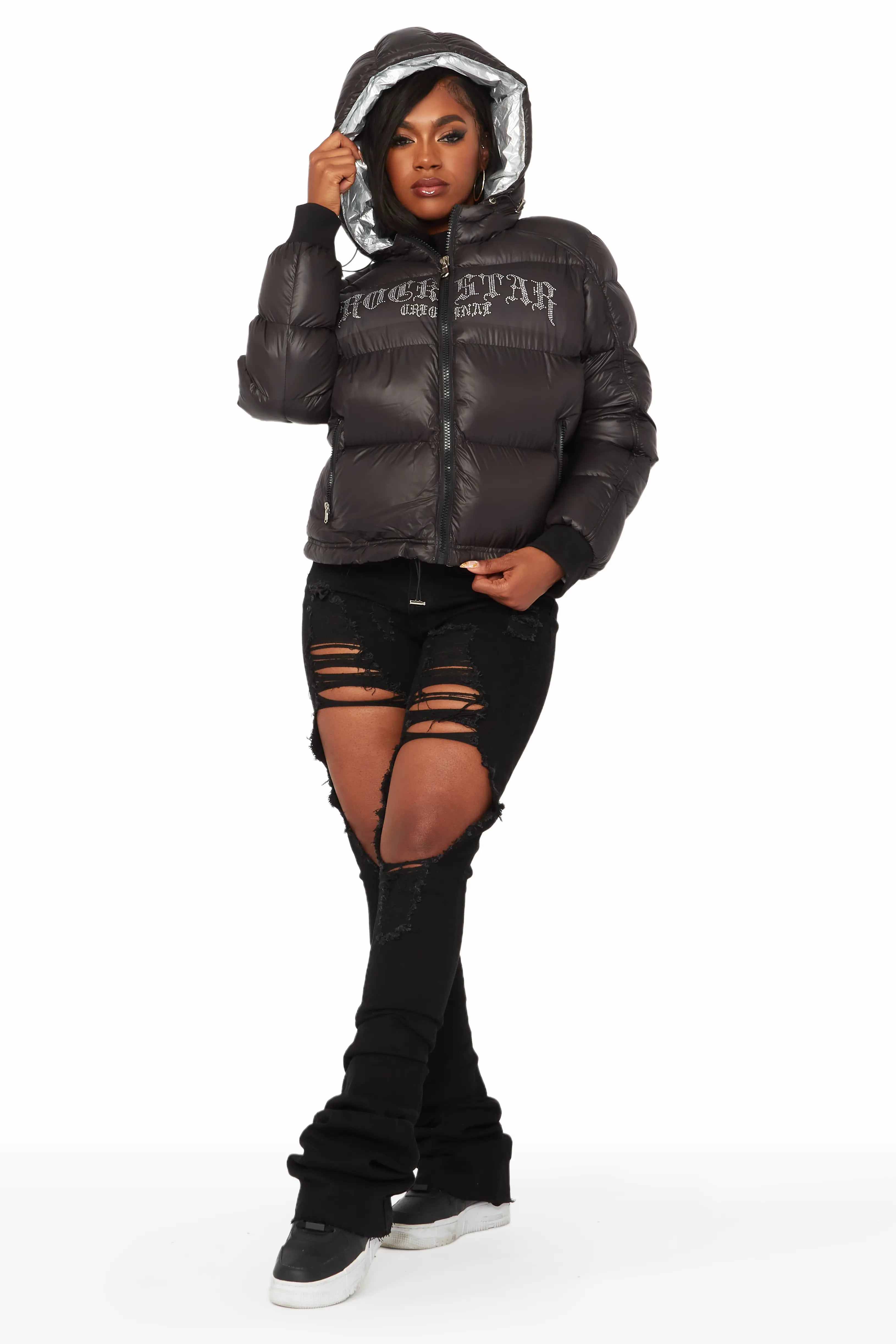 Rose Black Puffer Jacket