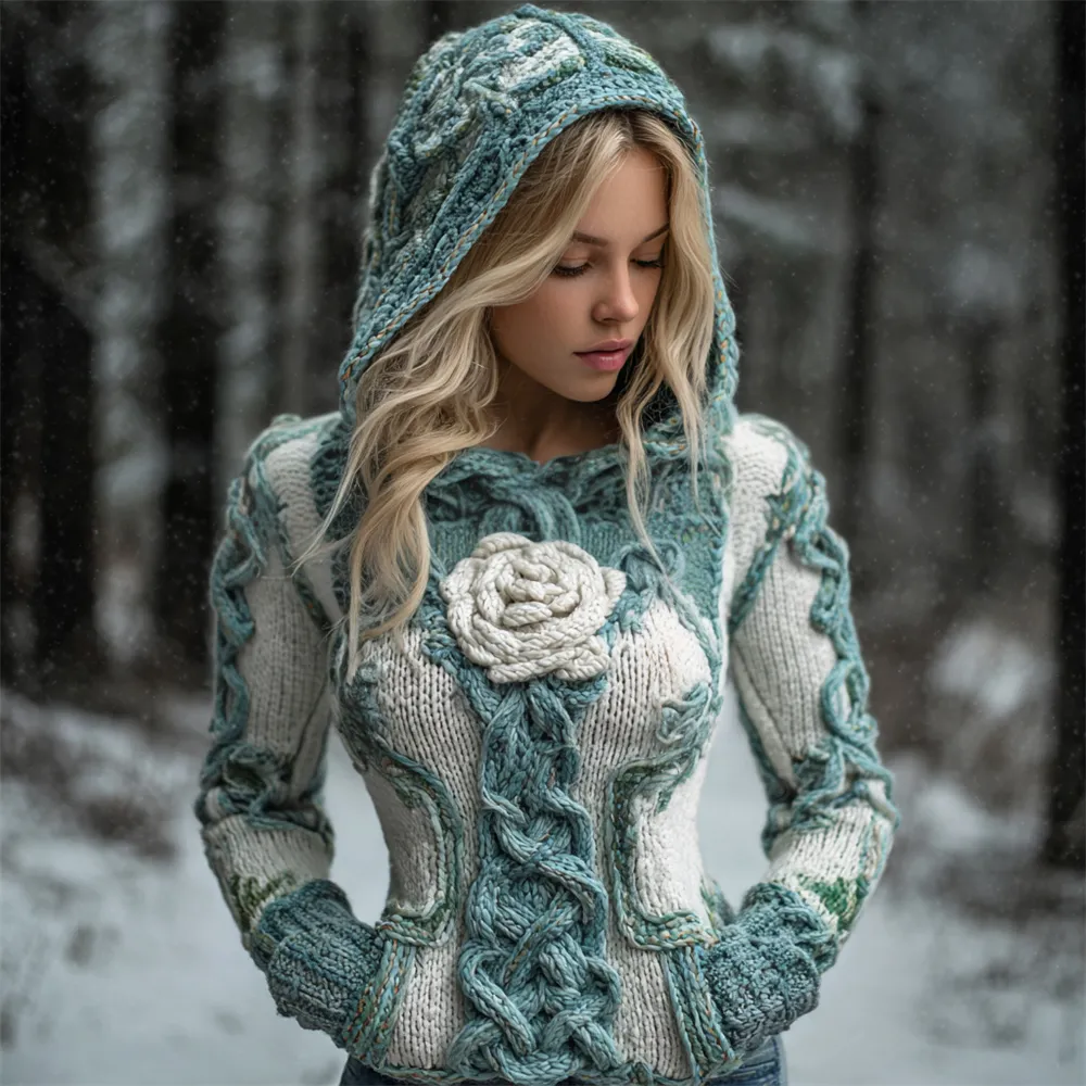 Viking Rose Knit Art Women's Hooded Sweater