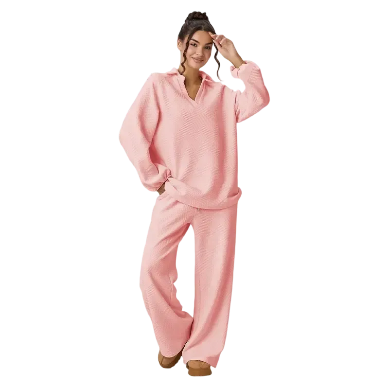 Women's loose-fitting V-neck textured pullover and drawstring waist pants set