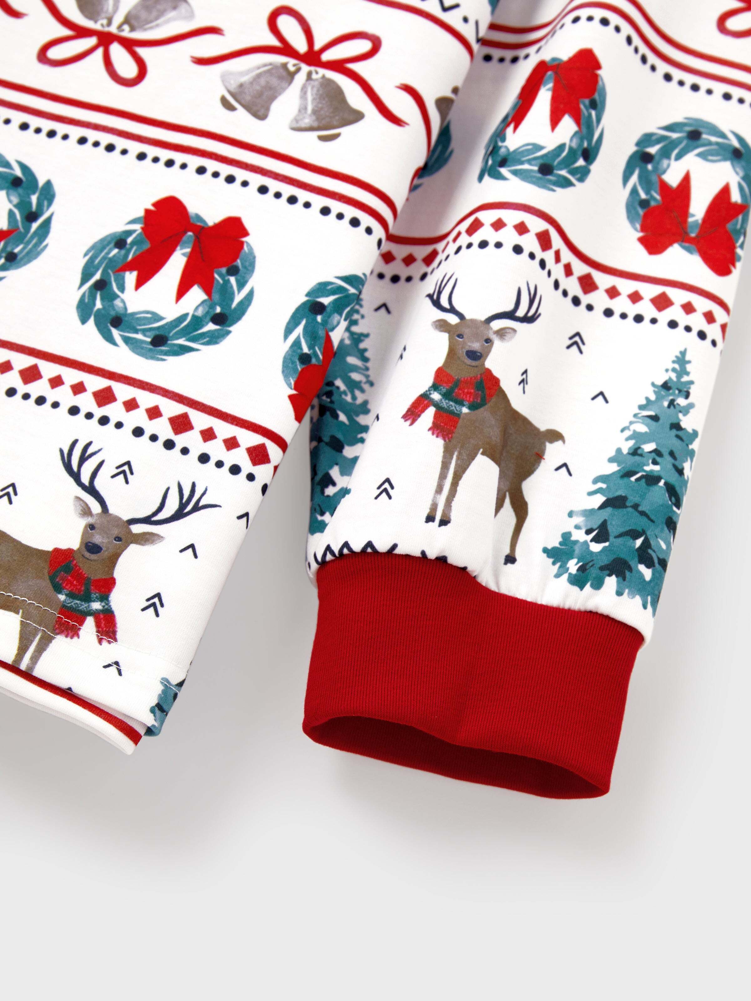 Christmas Matching Family Pajamas Set Christmas Elk and Bell Print Striped PJS with Christmas Socks White