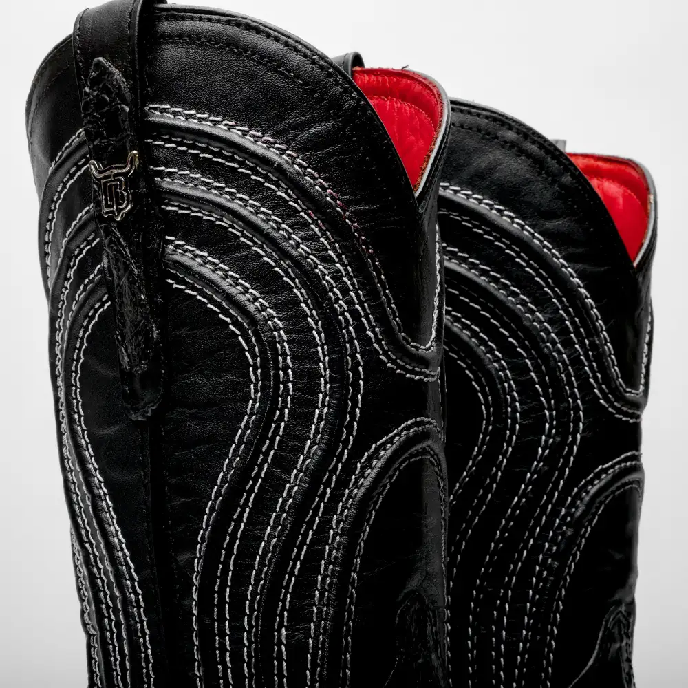 Black Caiman Neck Leather Boots - Square Toe