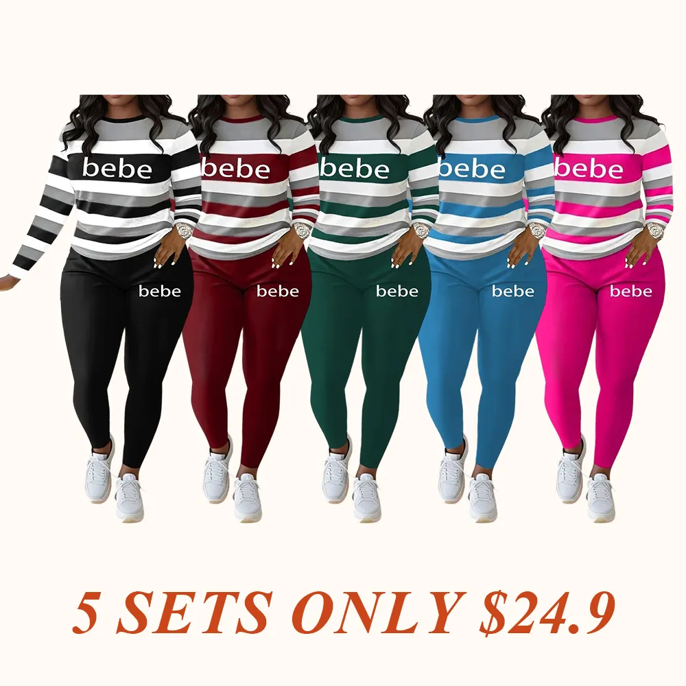 Women's Striped Bebe Letter Print Casual Autumn Winter Round Neck Long Sleeve Top & Pants Set