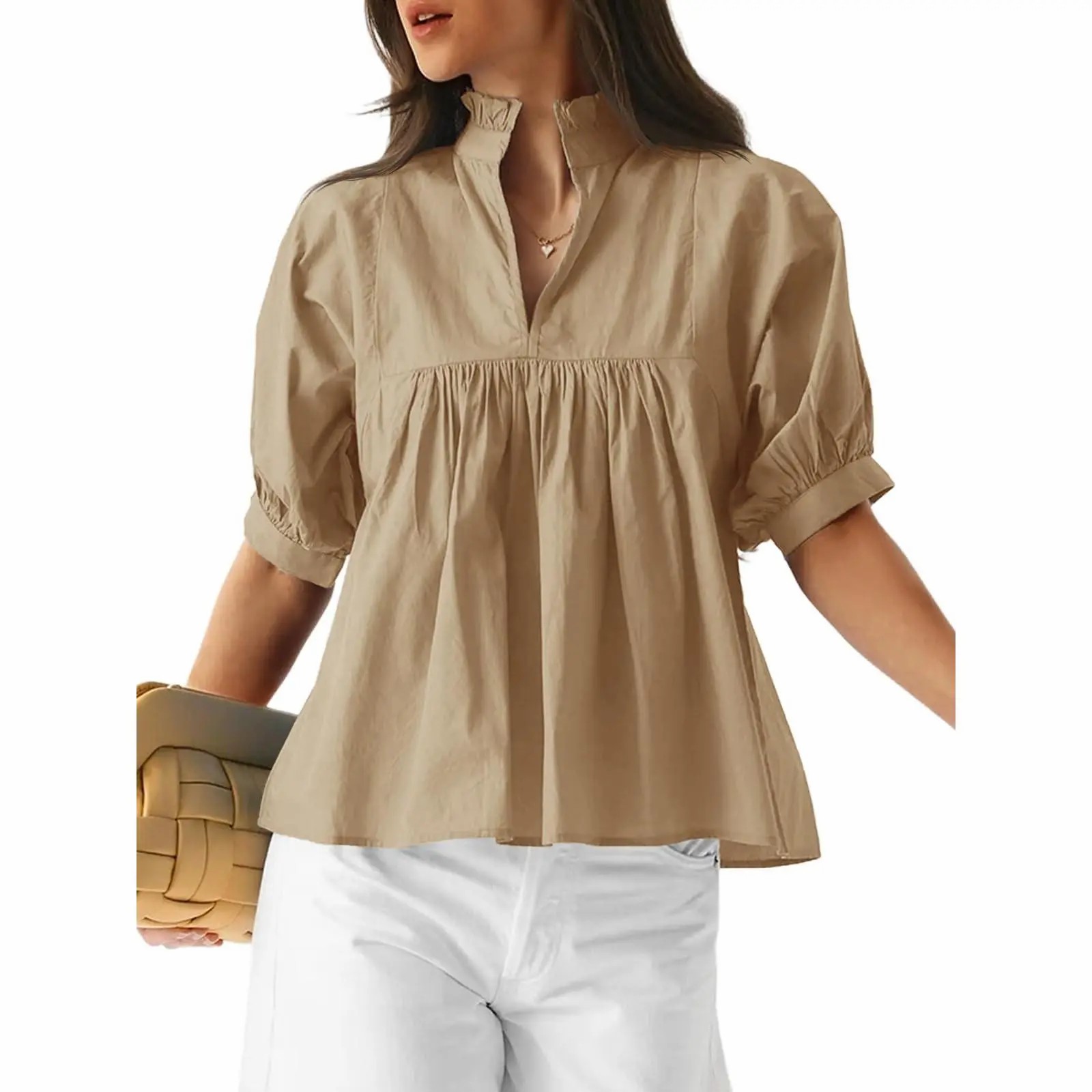 Women's V Neck Puff Sleeve Blouse – Babydoll Peplum Loose Fit Top
