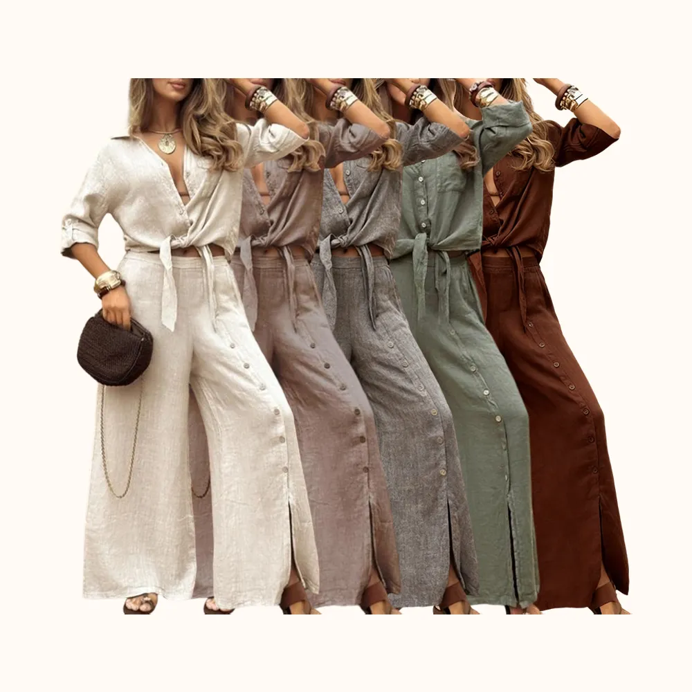 Women's Long Sleeve Loose Fit Shirt Set with Tie Hem, Single Button Decorated Wide Leg Pants