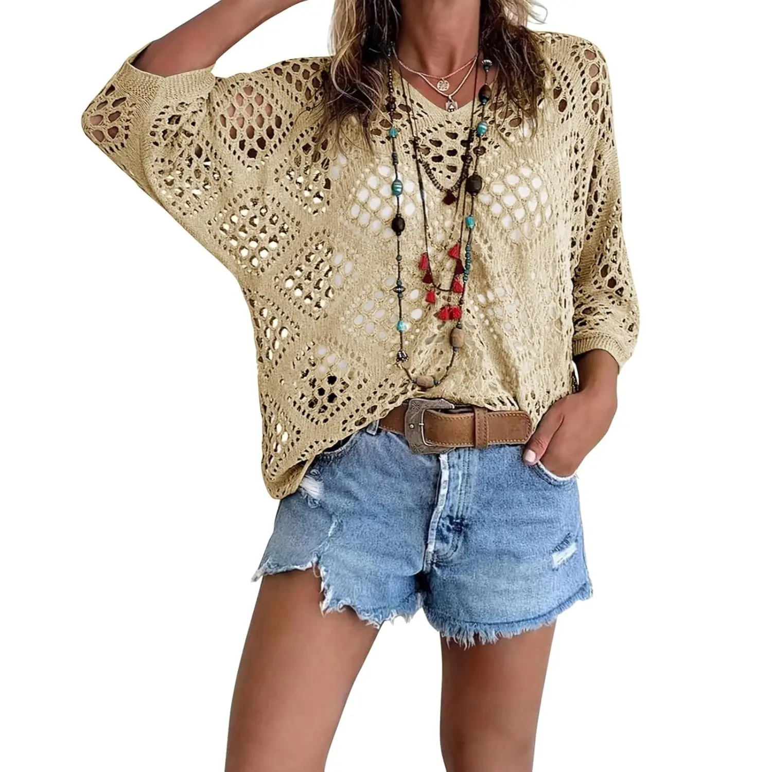 Women's Bohemian-Inspired Beige Crochet Top with V-Neck