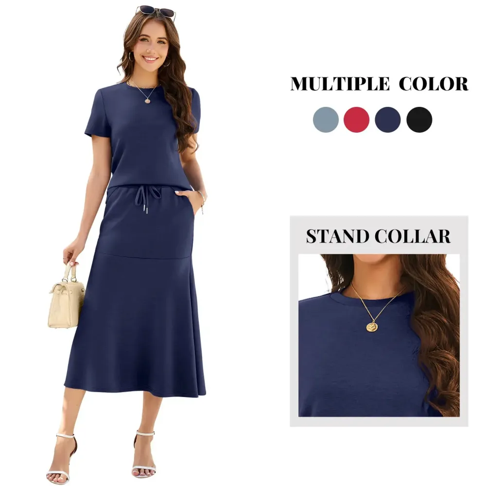 Women's Two Piece Sets Summer Outfits Cap Sleeve Top Drawstring Midi Skirts