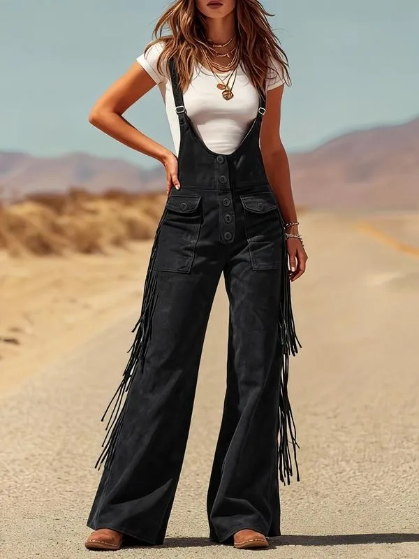 Women's Retro Faux Suede Fringe Wide-Leg Cargo Pants