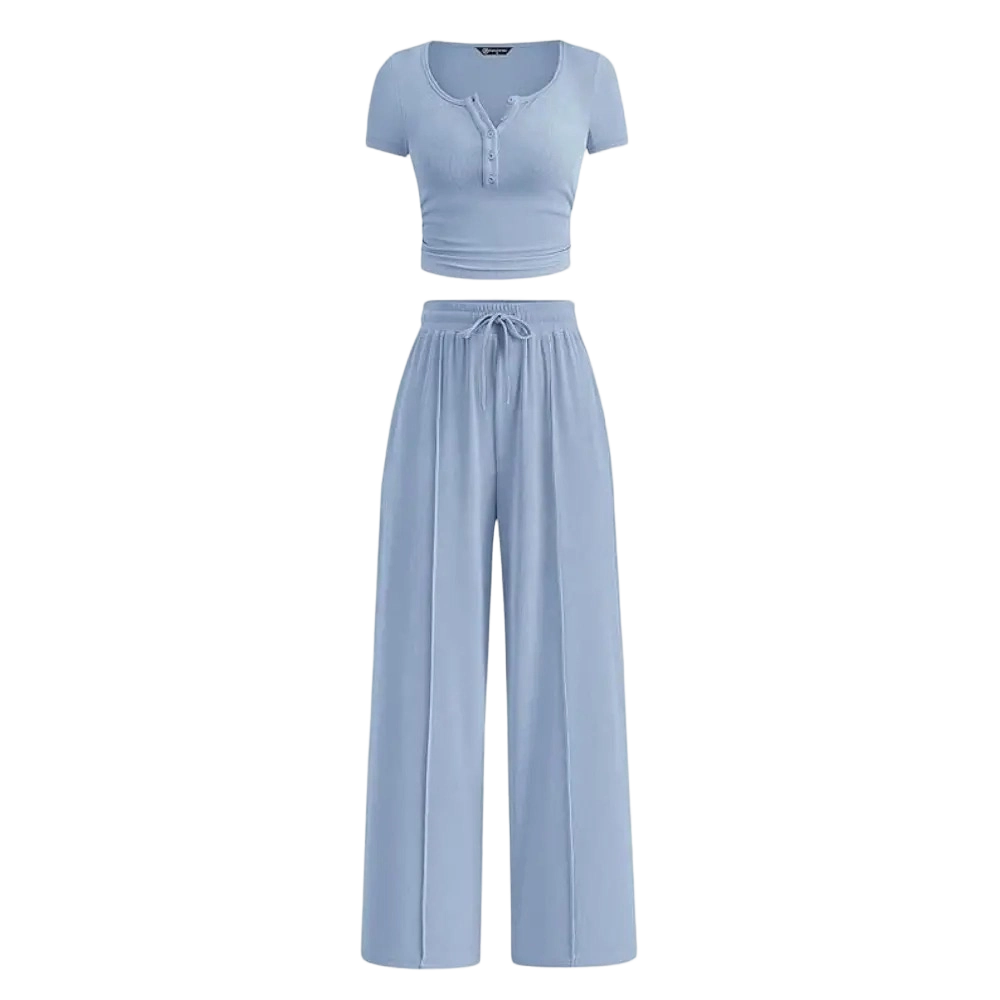 🔥Women’s Ribbed Knit 2-Piece Lounge Set – Button Crop Top & Wide Leg Pants