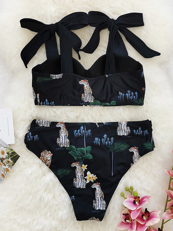 Leopard-Print Bandage High-Waist Bikini Swimwear