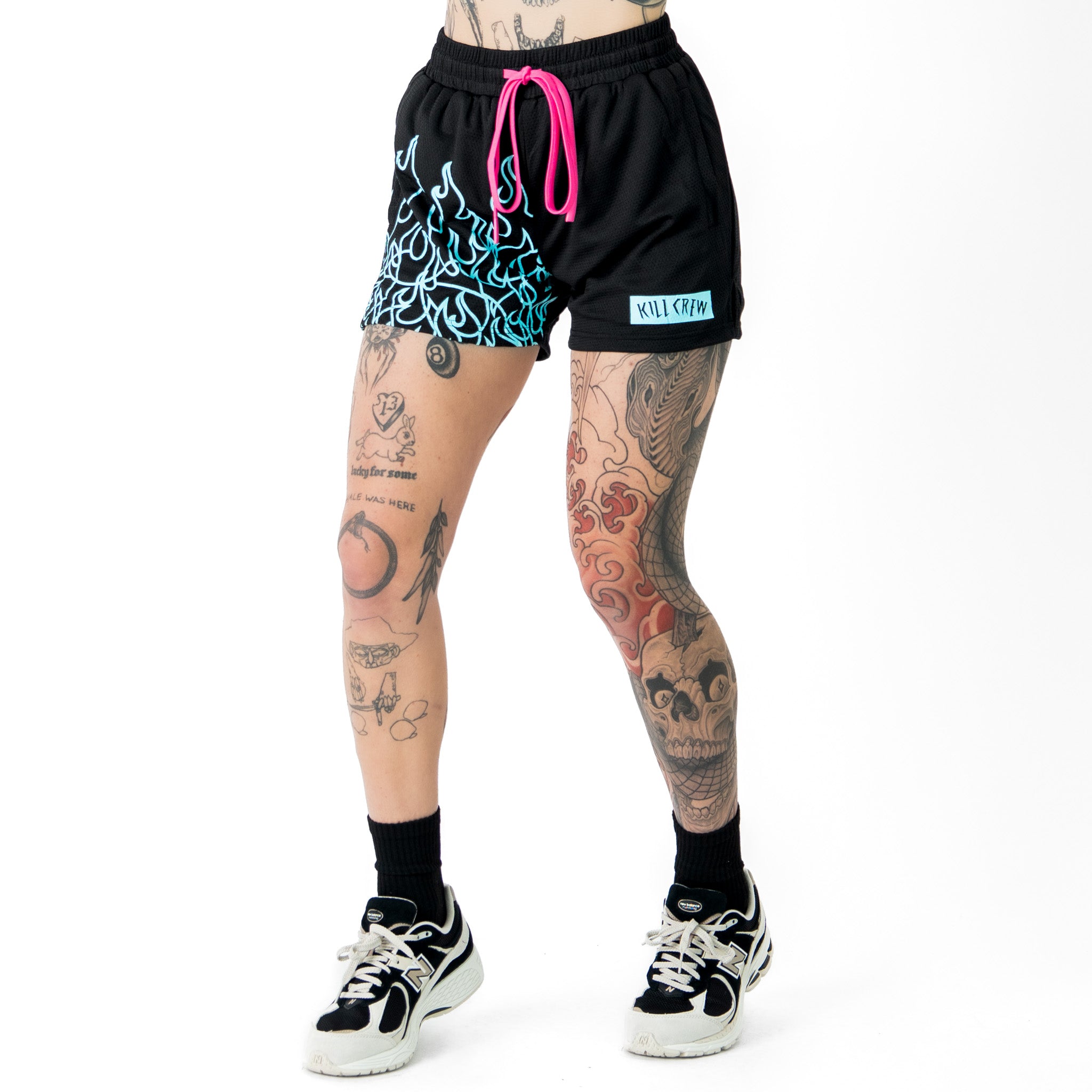 MUAY THAI FLAME SHORTS (MID THIGH CUT) - BLACK / TEAL