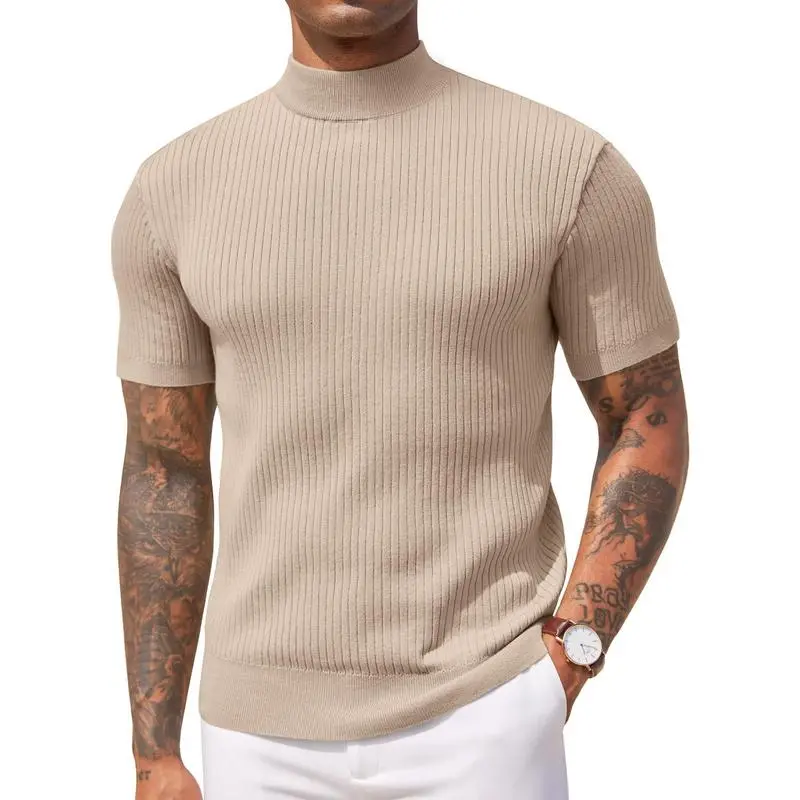Men's Mock Turtleneck Sweater Short Sleeve Casual Basic Tops Ribbed Knit Pullover Solid Tee(100%Polyester)