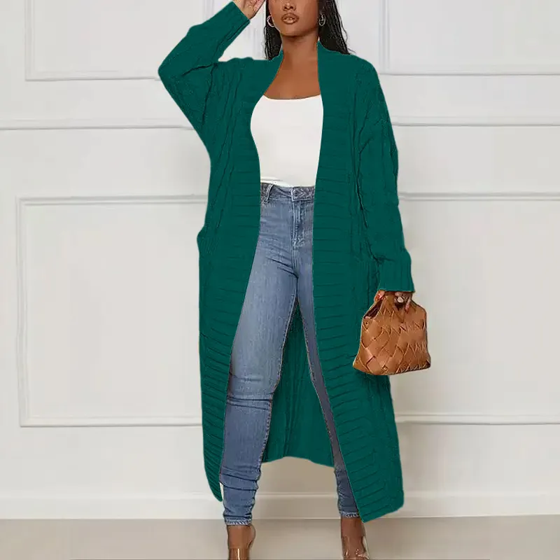 Women's Solid Color Textured Drop Shoulder Pocket Longline Cardigan