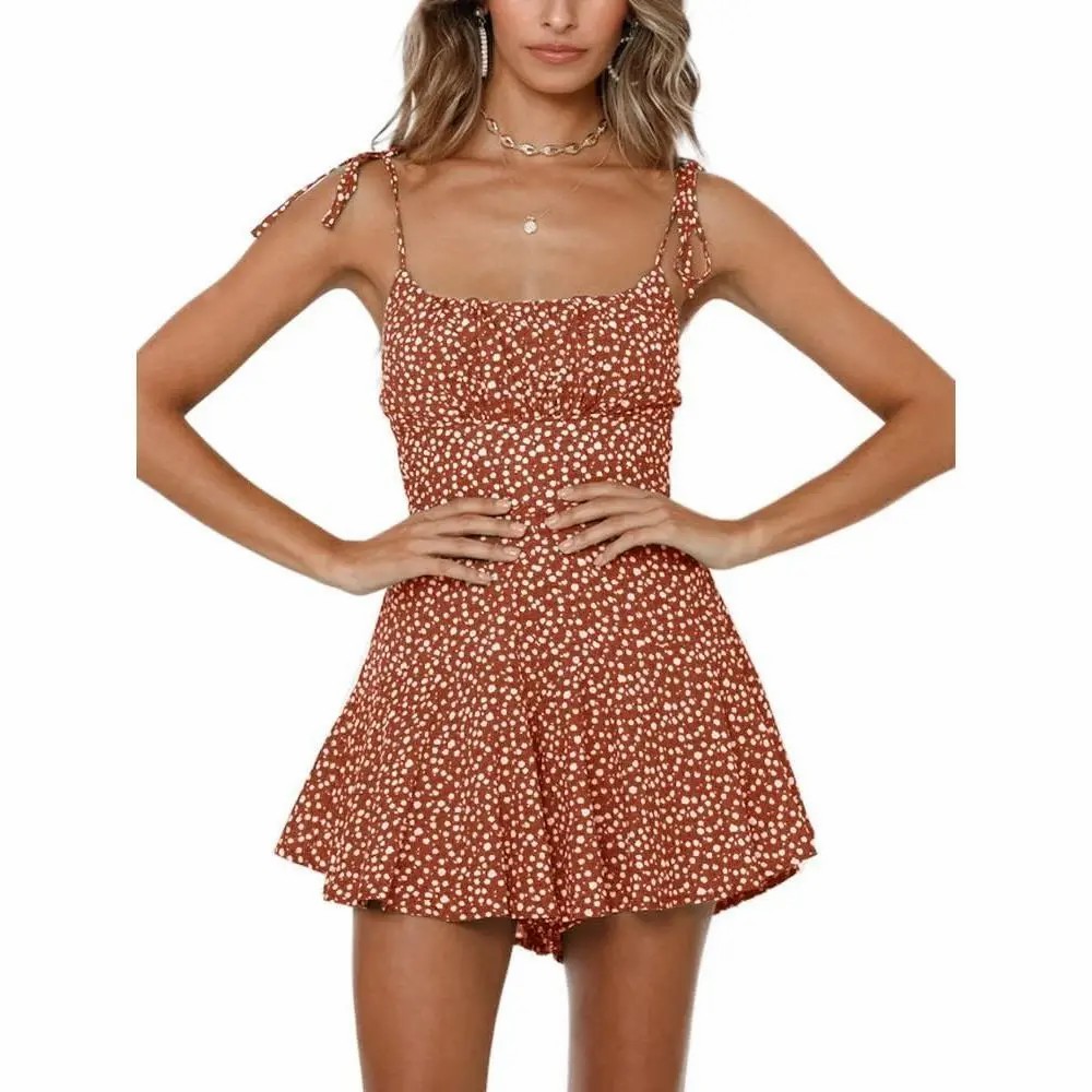 Women's Boho Floral Wide Leg Short Romper – Spaghetti Strap Smocked Jumpsuit