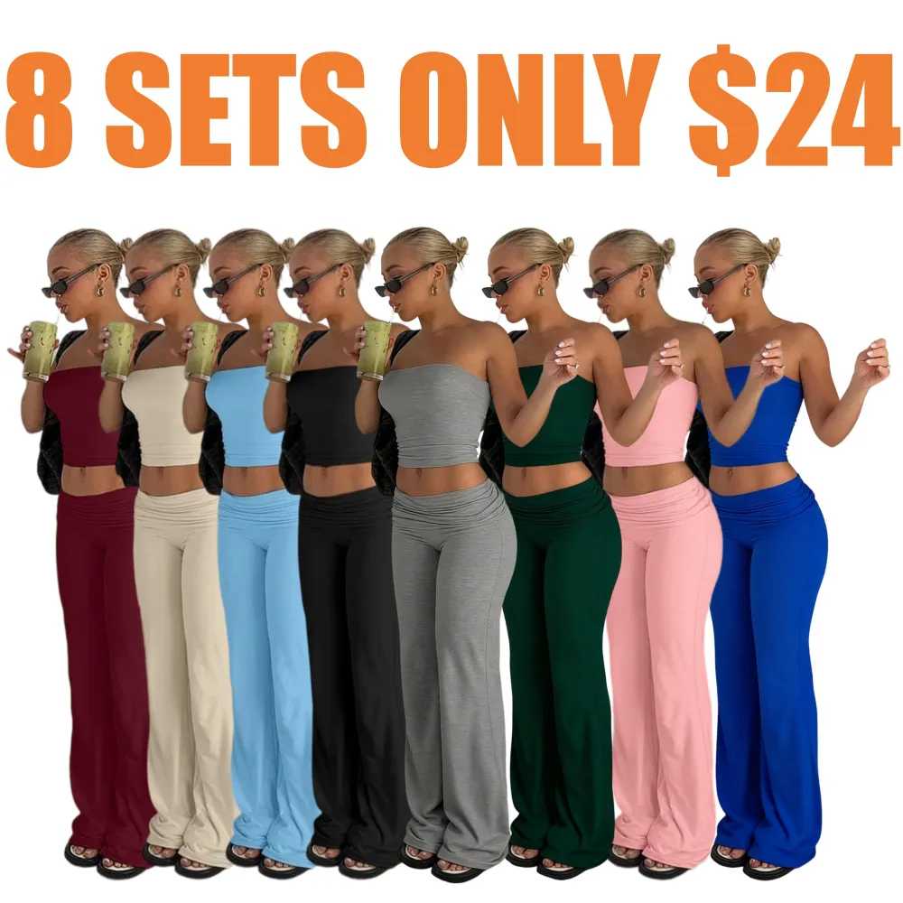 Two-Piece Set Women's Solid Crop Tube Top & Foldover Waist Flare Leg Pants