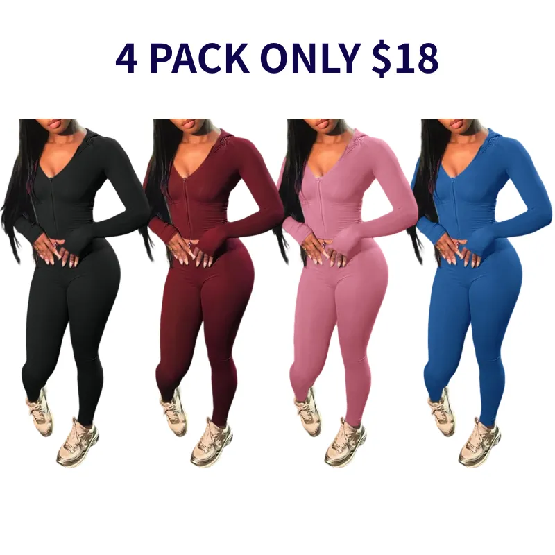 Women's Solid Color Zip Up Crop Top & High Waist Leggings Two-piece Set