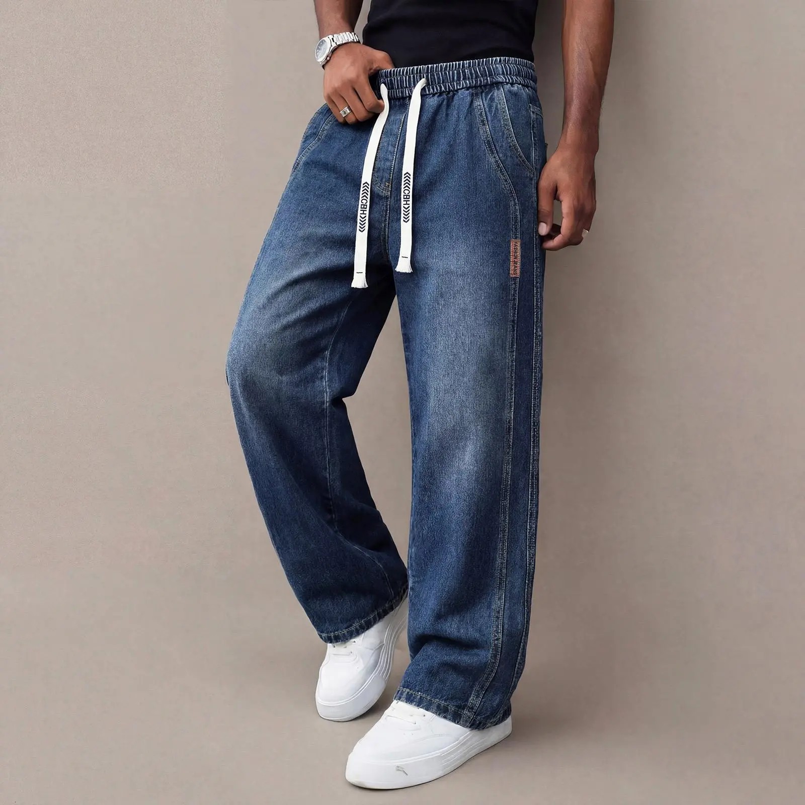 Men’s Vintage Washed Comfort-Stretch Drawstring Jeans