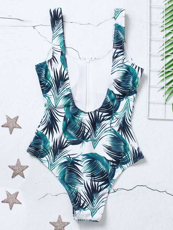 Floral Printed Zipper Backless One-Piece Swimwear