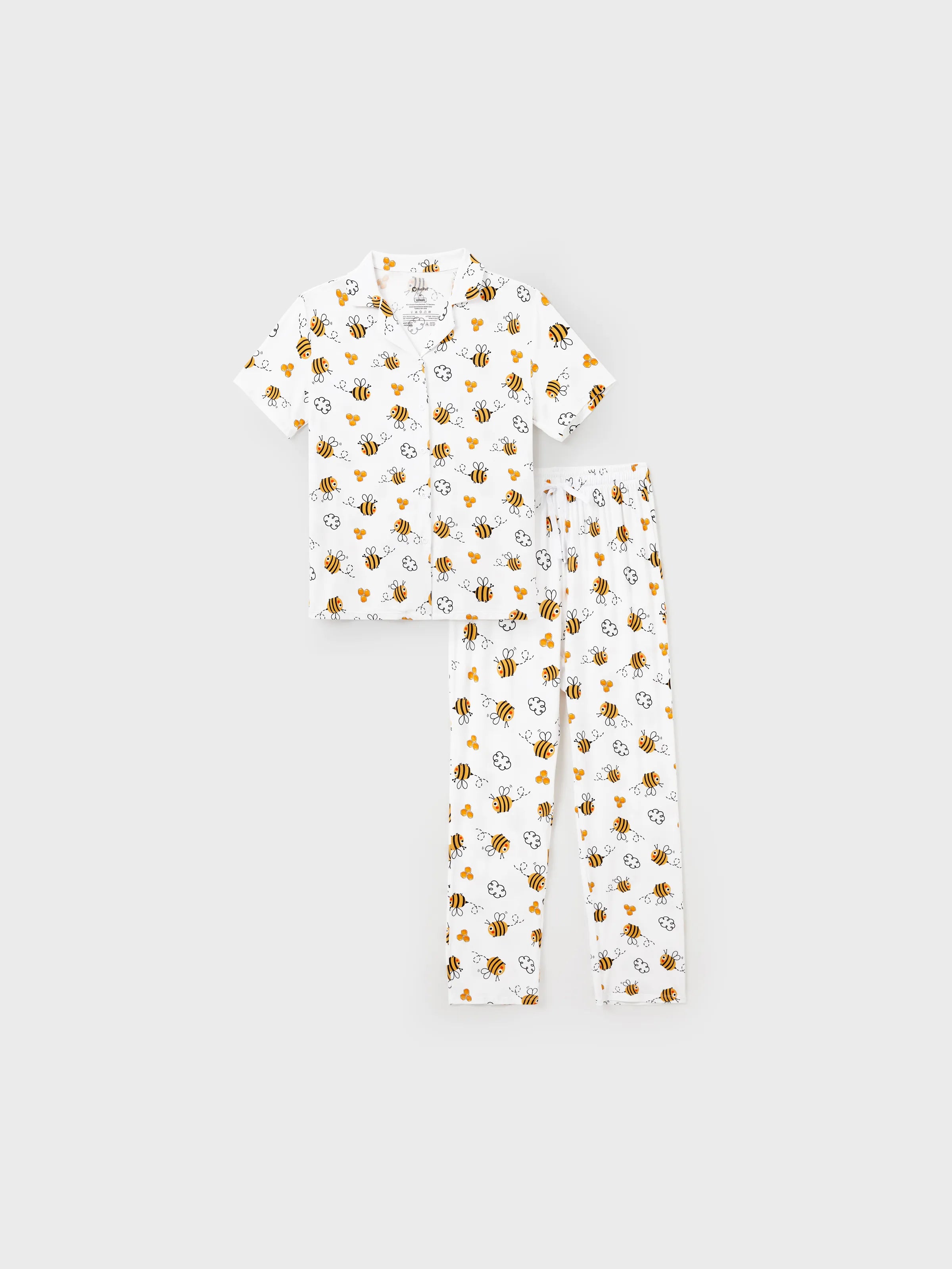 Family Matching Bamboo Pajamas Soft Bamboo Viscose PJs for Men Women Kids Toddler, Cute Bee Print Sleepwear with Short Sleeve Top and Long Pants White