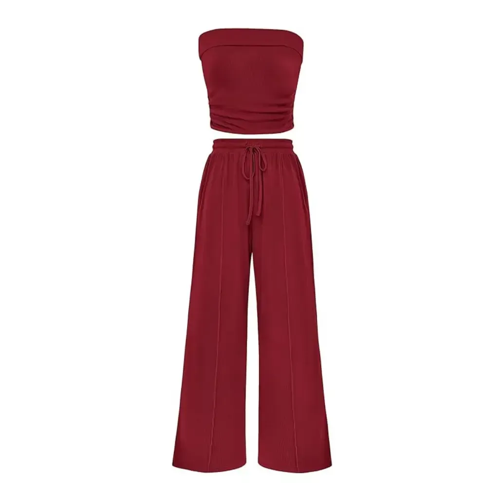 Womens Summer Outfits 2 Piece Sets Casual Ribbed Knit Crop Tube Top Wide Leg Pants