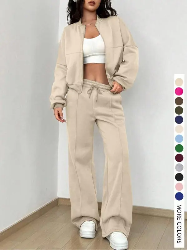 Two-piece Set Women's Solid Zip Up Drop Shoulder Jacket & Pocket Elastic Waist Pants