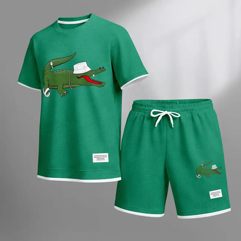 Men's Waffle Knit Two-Piece Set – Breathable Short Sleeve & Drawstring Shorts