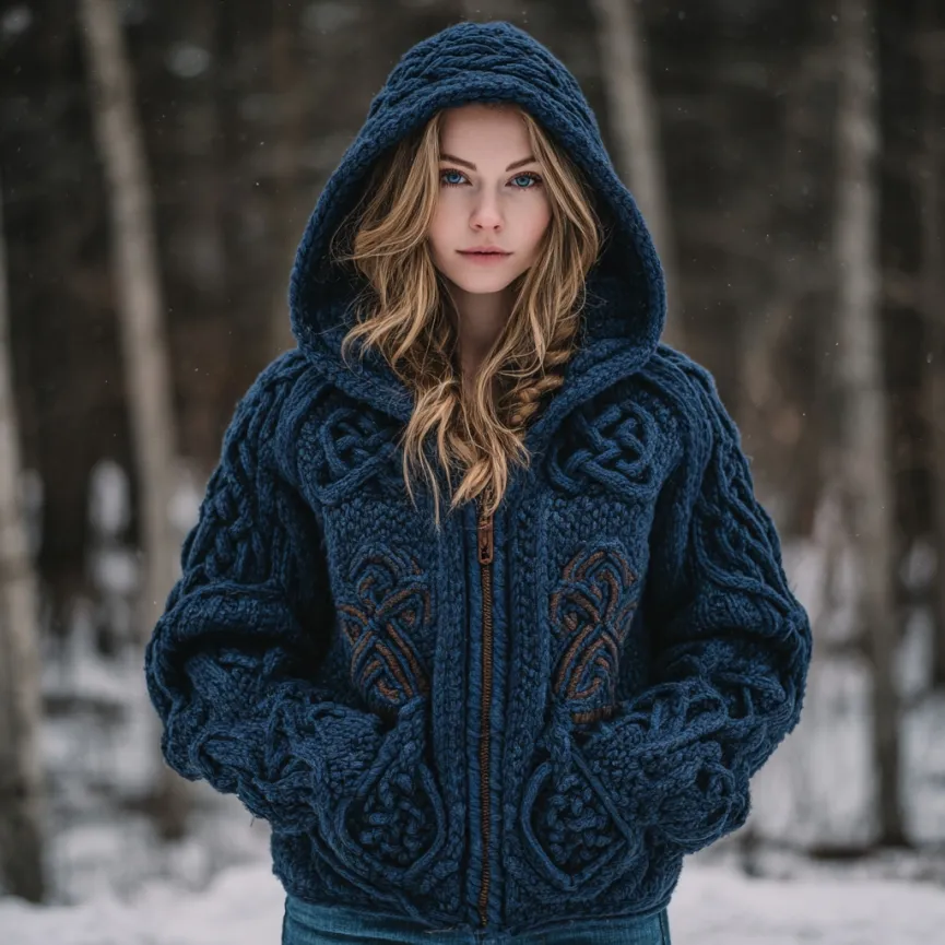 Women's Viking Celtic Knot Cozy Warm Knit Full Zip Hooded Sweater