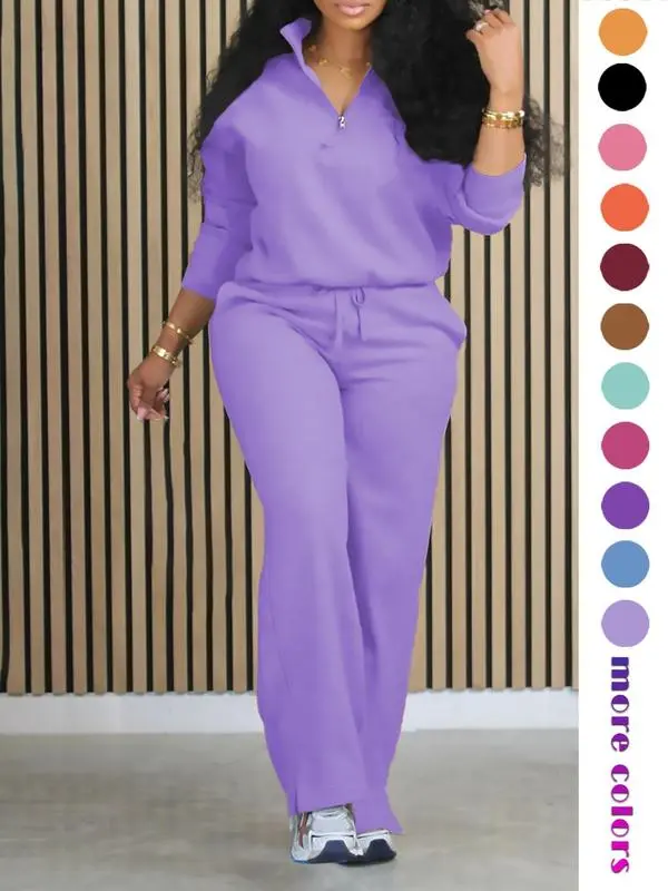 Women's Solid Half Placket Split Hem Pants Set