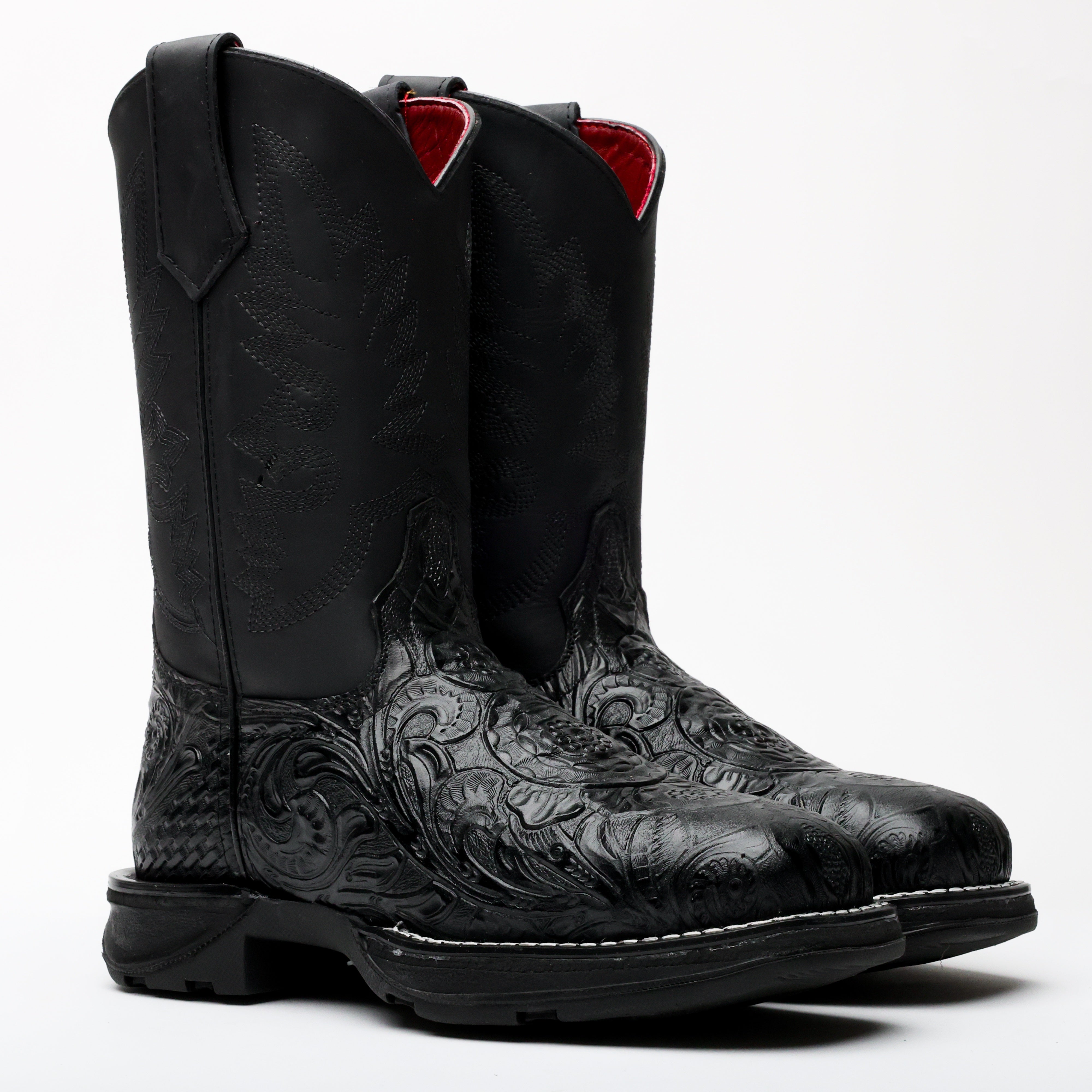 Black Hand-Tooled Leather Boots With 3D Lightweight Sole - Composite Toe