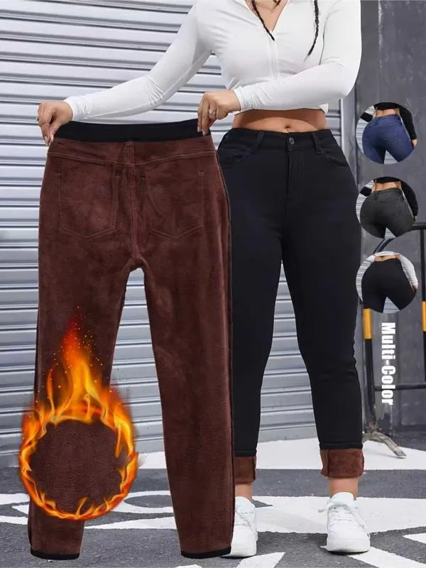 Women's Fall Winter Fleece Lined Denim Jeans