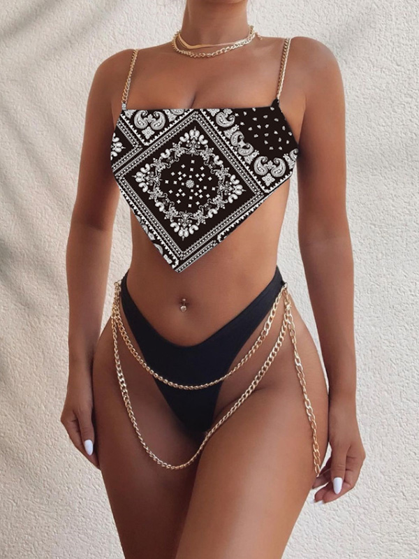 Ethnic Printed Metal Chain Spaghetti-Neck Bikini Swimwear