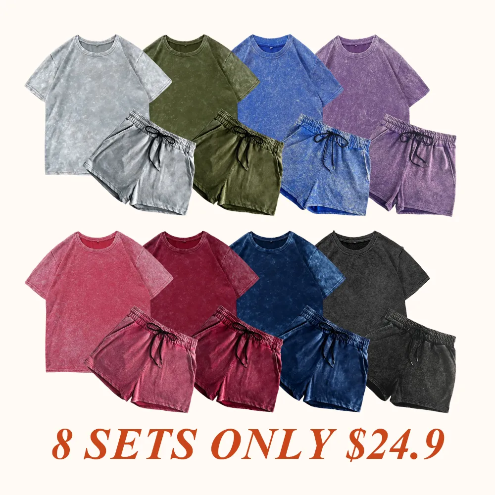 Two-piece Set Women's Solid Color Denim-effect Print Tee & Shorts