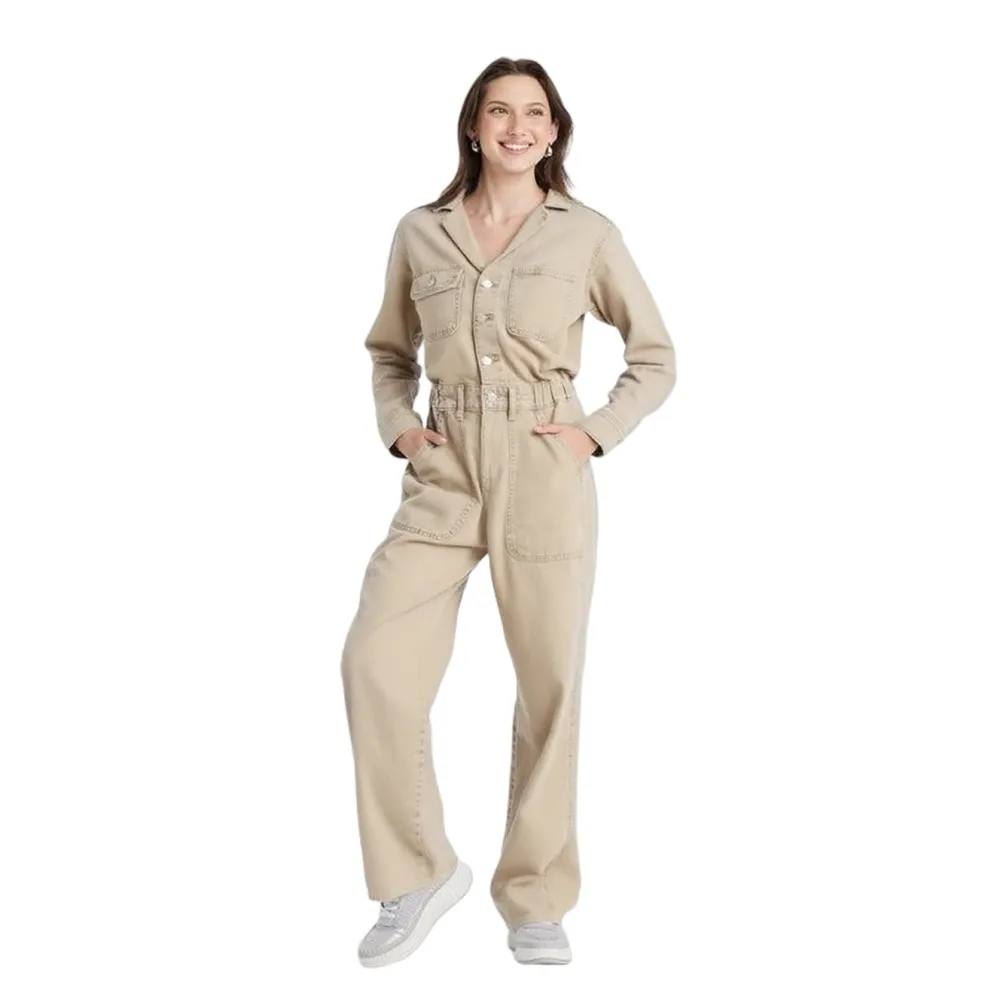 Women's Long-Sleeve Baggy Utility Denim Jumpsuit