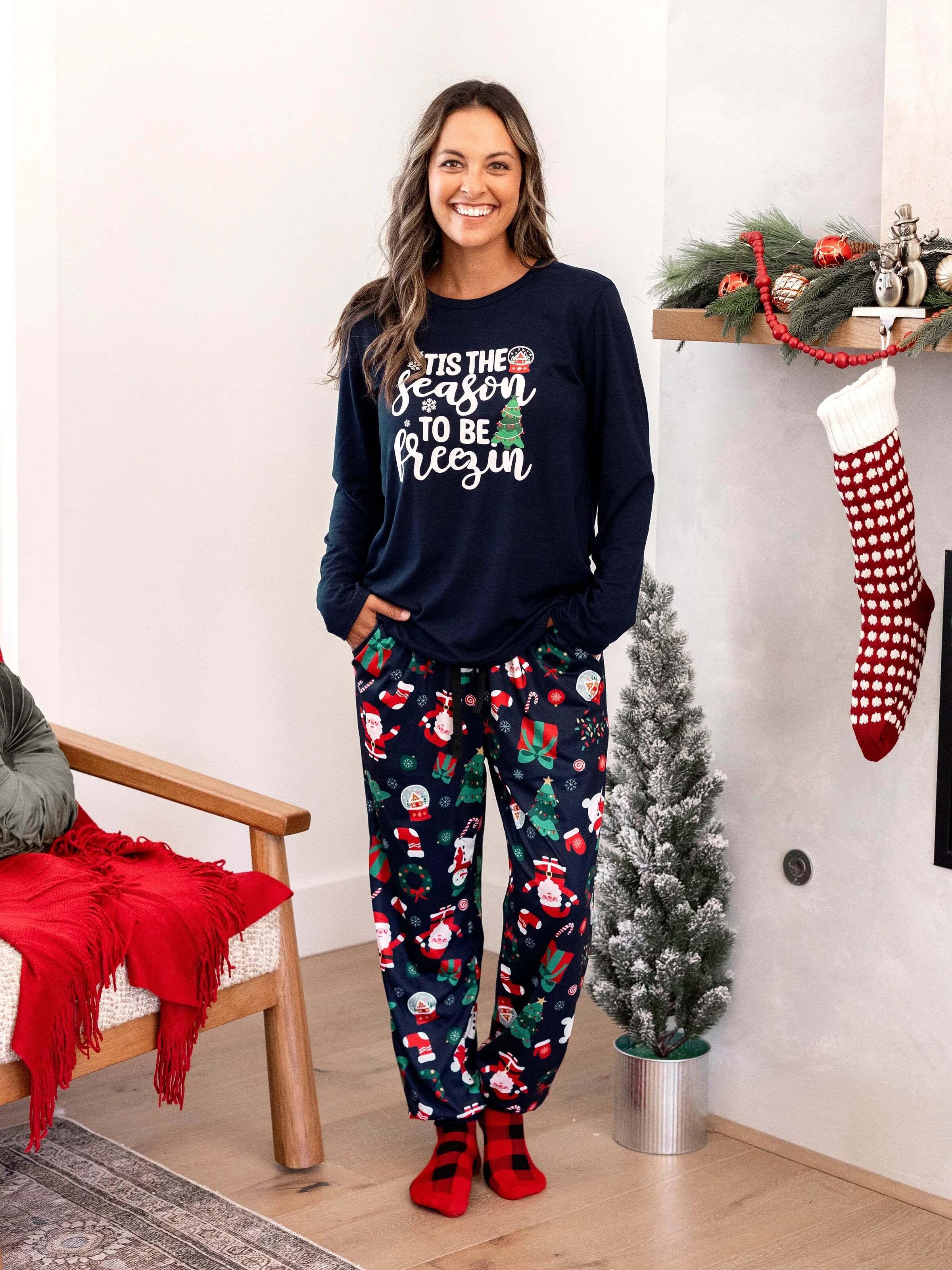 Christmas Matching Family Pajamas Set Glow In The Dark Santa Claus Dark Blue PJS with Christmas Socks Deep Blue