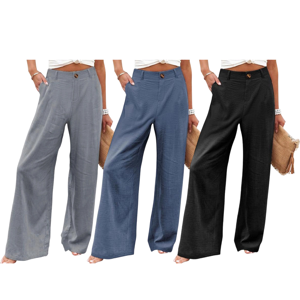 Womens Cotton Linen Pants Casual Button Up High Waisted Wide Leg Trousers Wideleg Loose Womenswear Apricot