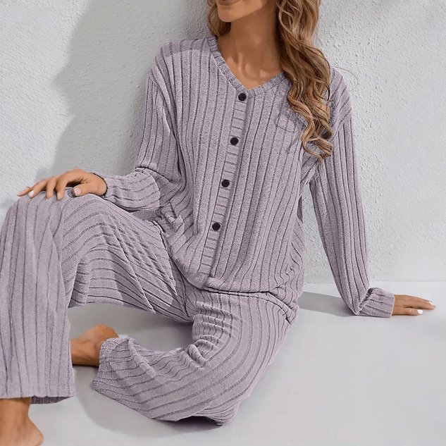 Autumn And Winter Warm Light Purple Knitted V-Neck Button Cardigan Ribbed Long-Sleeved Trousers Home Good Sleep Two-Piece Set