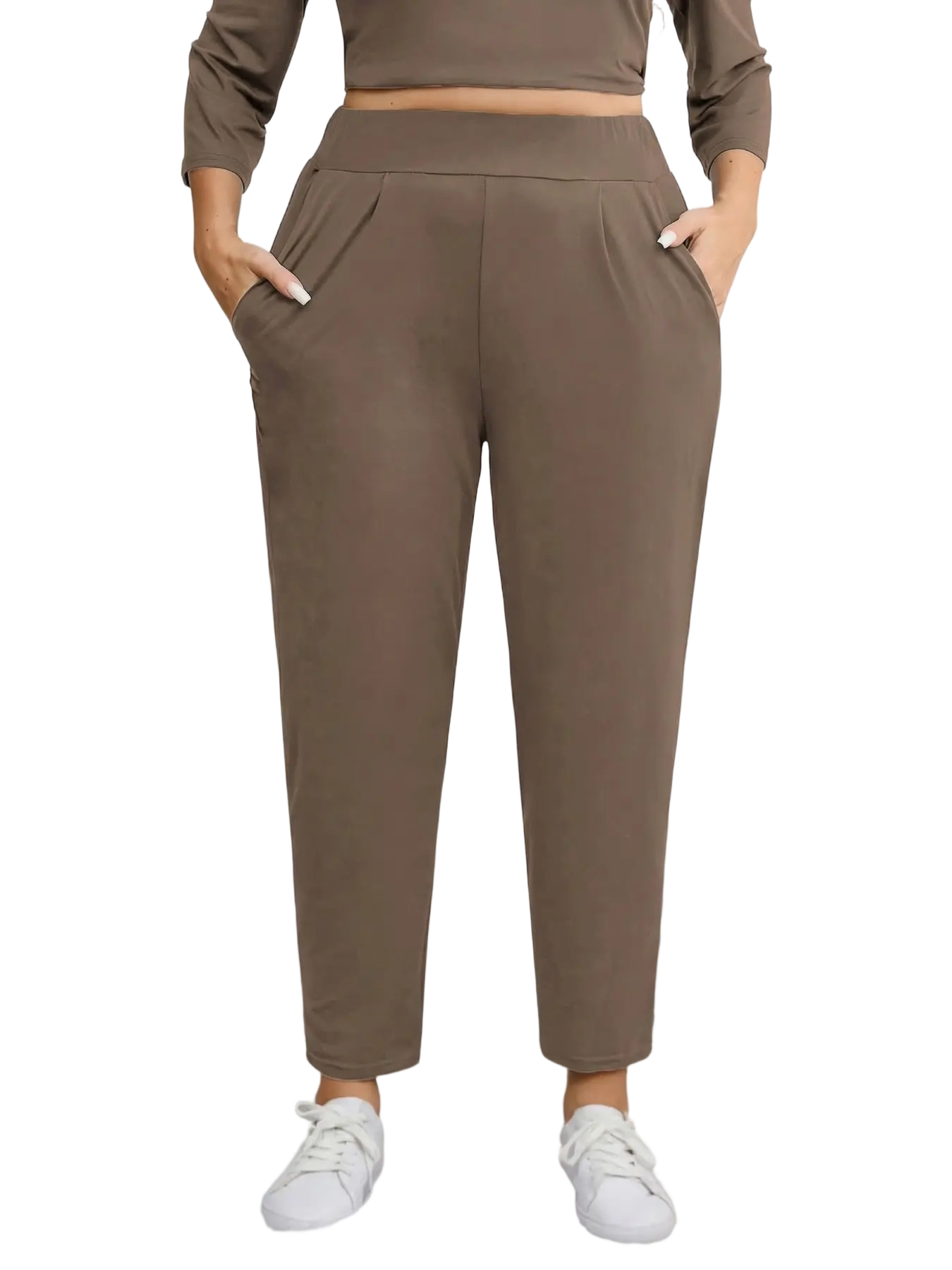 Women Plus Size Solid Plicated Pocket Elastic Waist Joggers