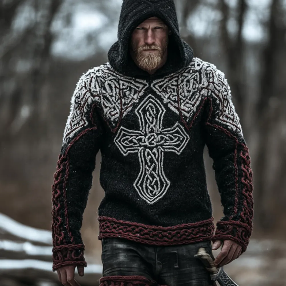 Men's Viking Style Cross Hooded Sweater