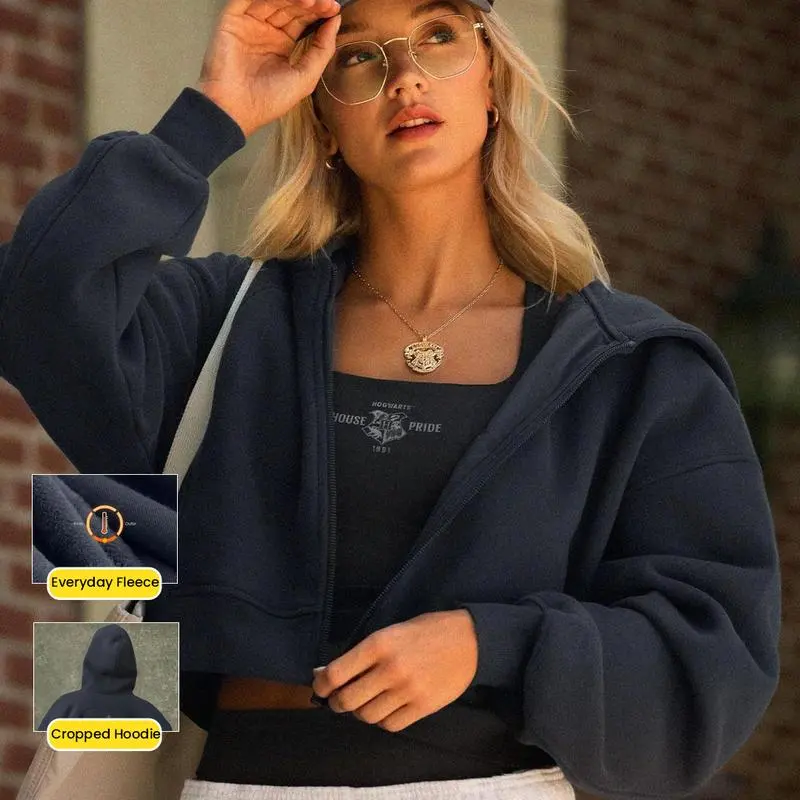 Warm Lightweight Relaxed Fit Cropped Hoodie Sweatshirt Set