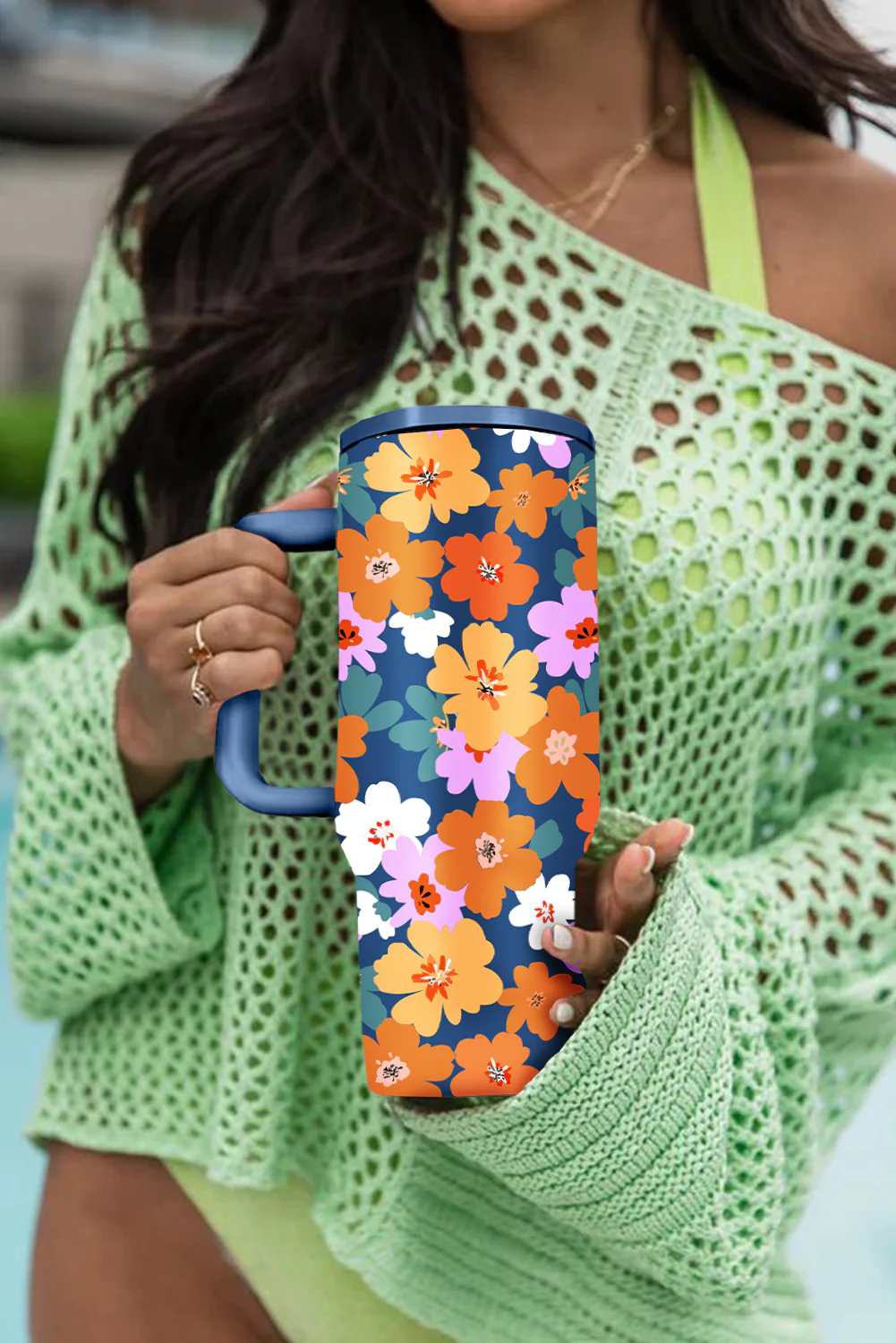 Sky Blue Flower Print Stainless Steel Large Vacuum Cup