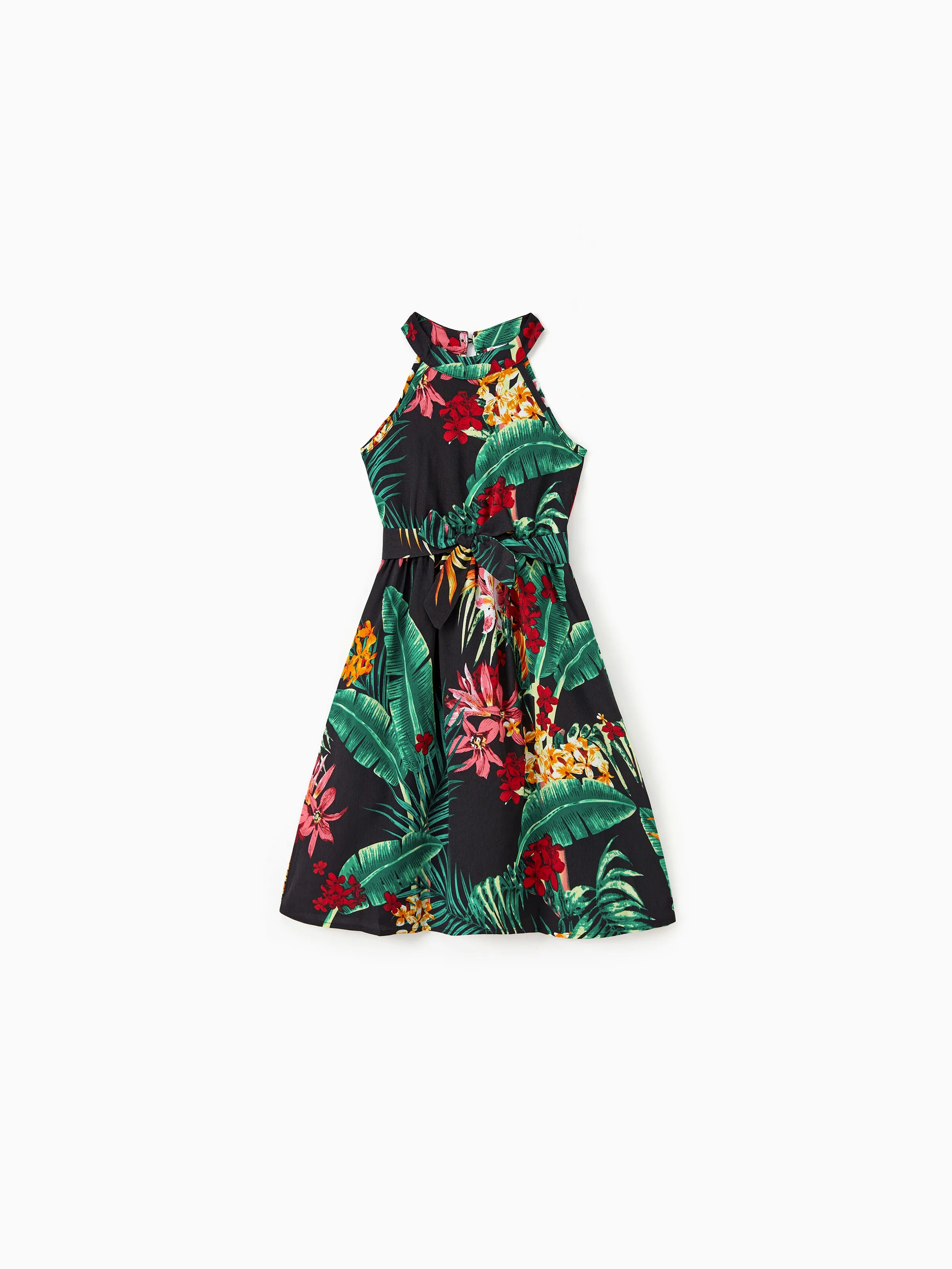 Family Matching Allover Plant Floral Print Halterneck Dresses and Short-sleeve Shirts Sets Black