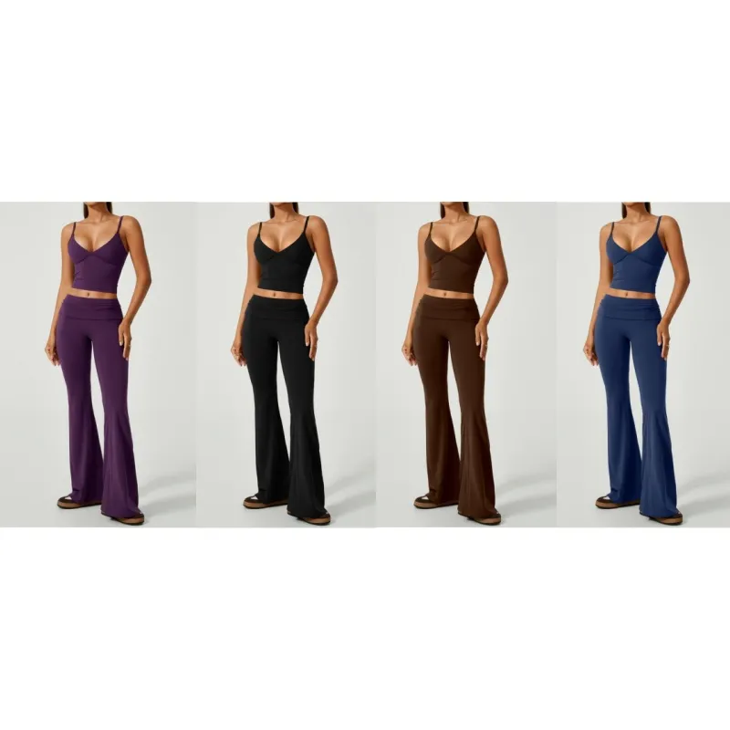 Women's 2-Piece Deep V Crop Cami & Flared Pants Set